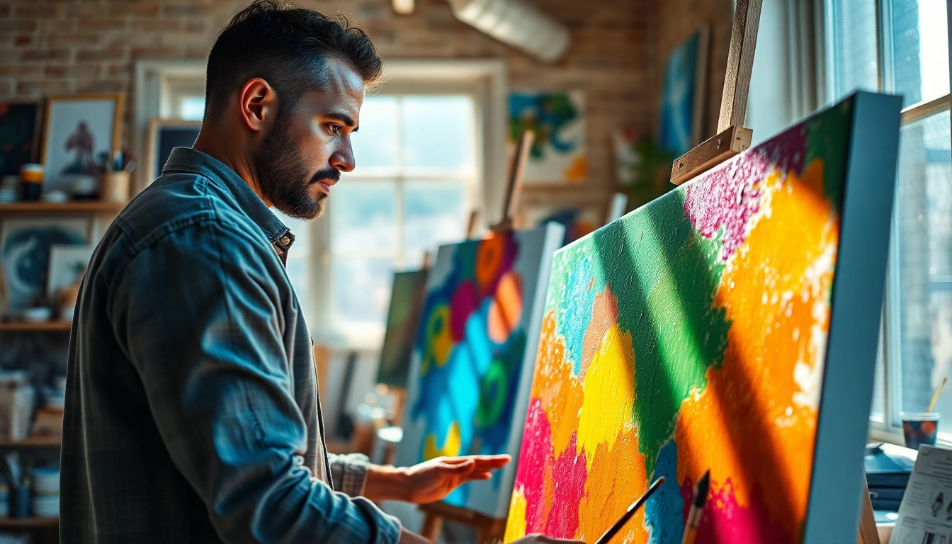 Werk met canvas in een levendige studio door een gepassioneerde kunstenaar.