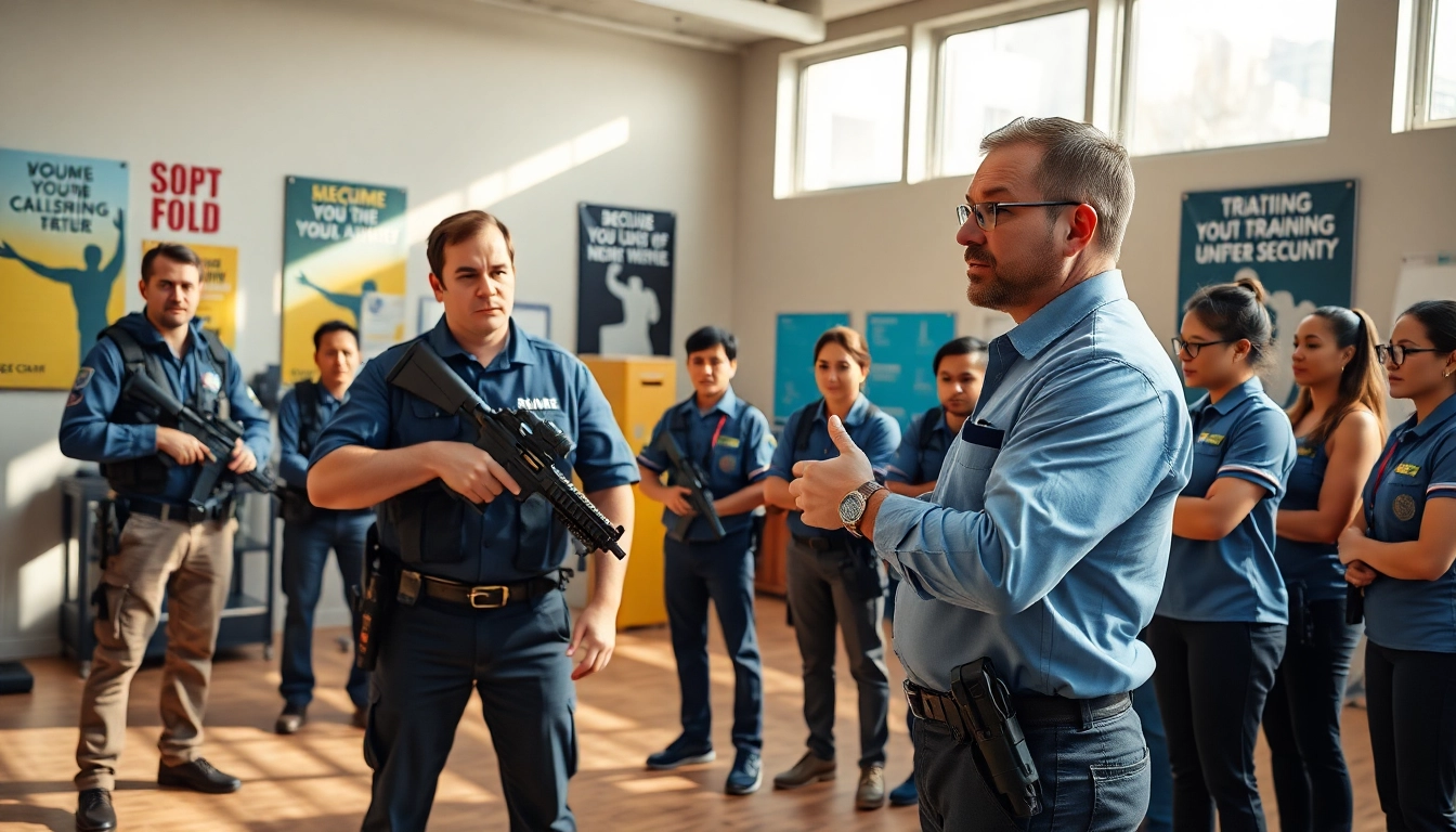 Engaging armed security training session with professional instructor demonstrating techniques to trainees.