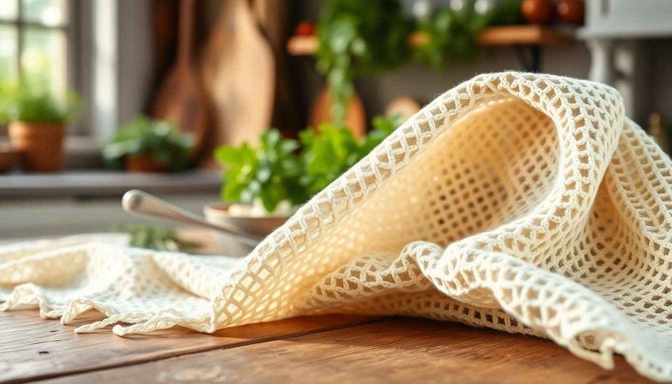 Kaasdoek met open geweven textuur op een rustieke houten tafel, perfect voor zeefprocessen.