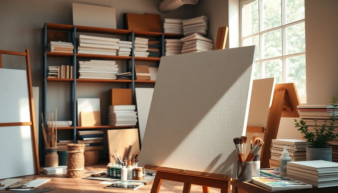 Canvas voorbereidingen voor kunstwerken met verf en penselen zichtbaar op een werkblad.