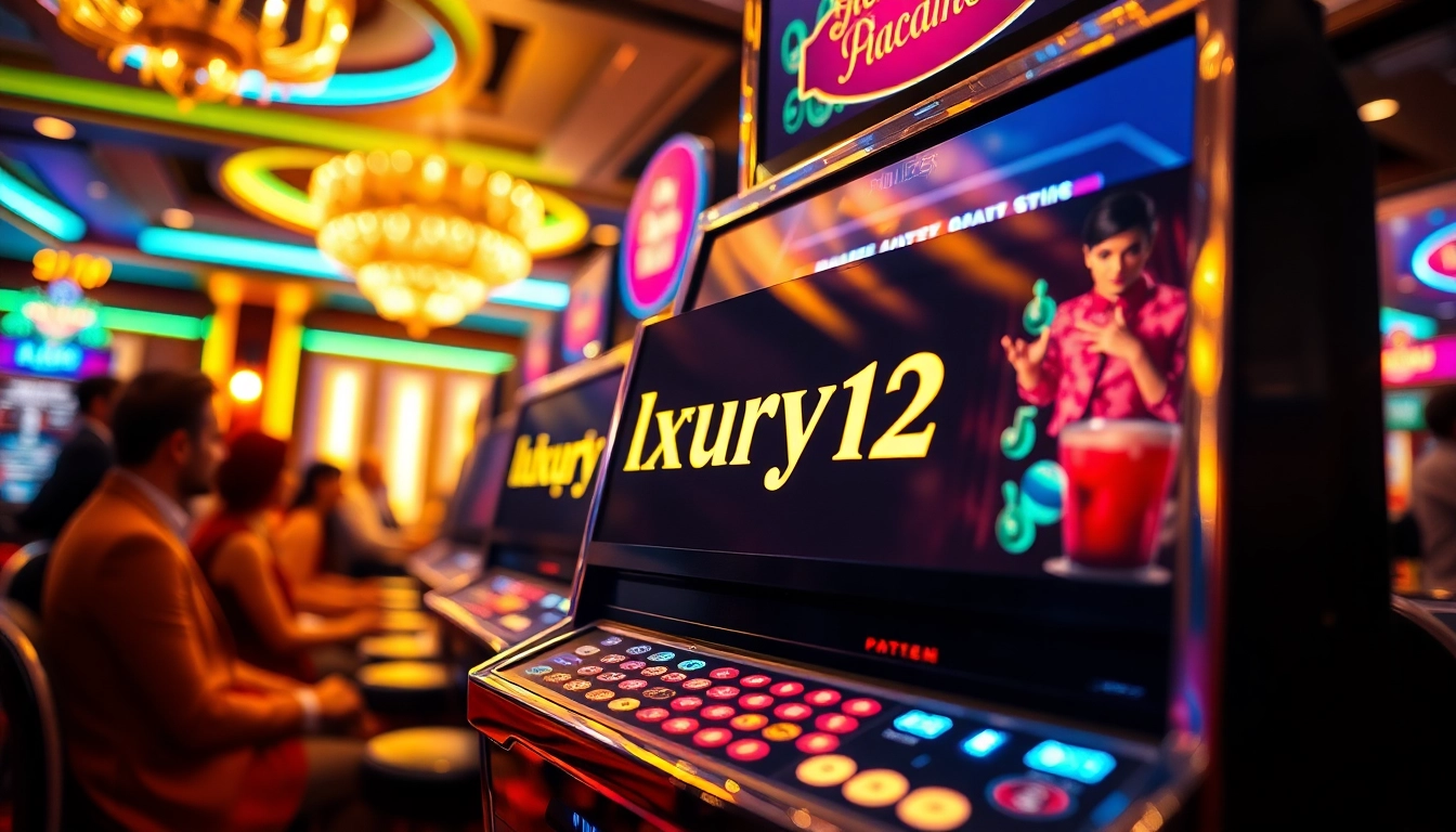 Jugar en la máquina de lujo12 en un casino elegante con luces brillantes y ambiente animado.