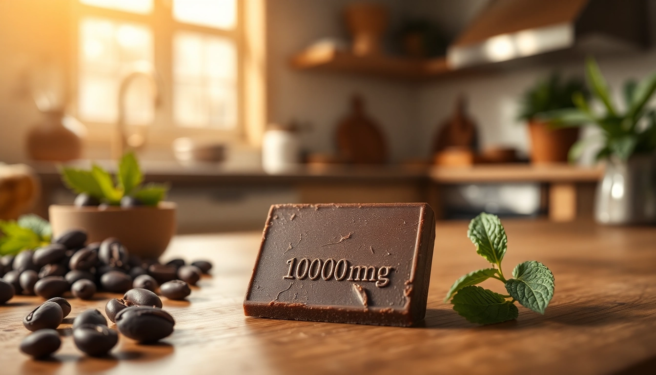 Indulge in chocolate edibles 1000mg labeled gourmet treats with rich textures in a cozy kitchen.