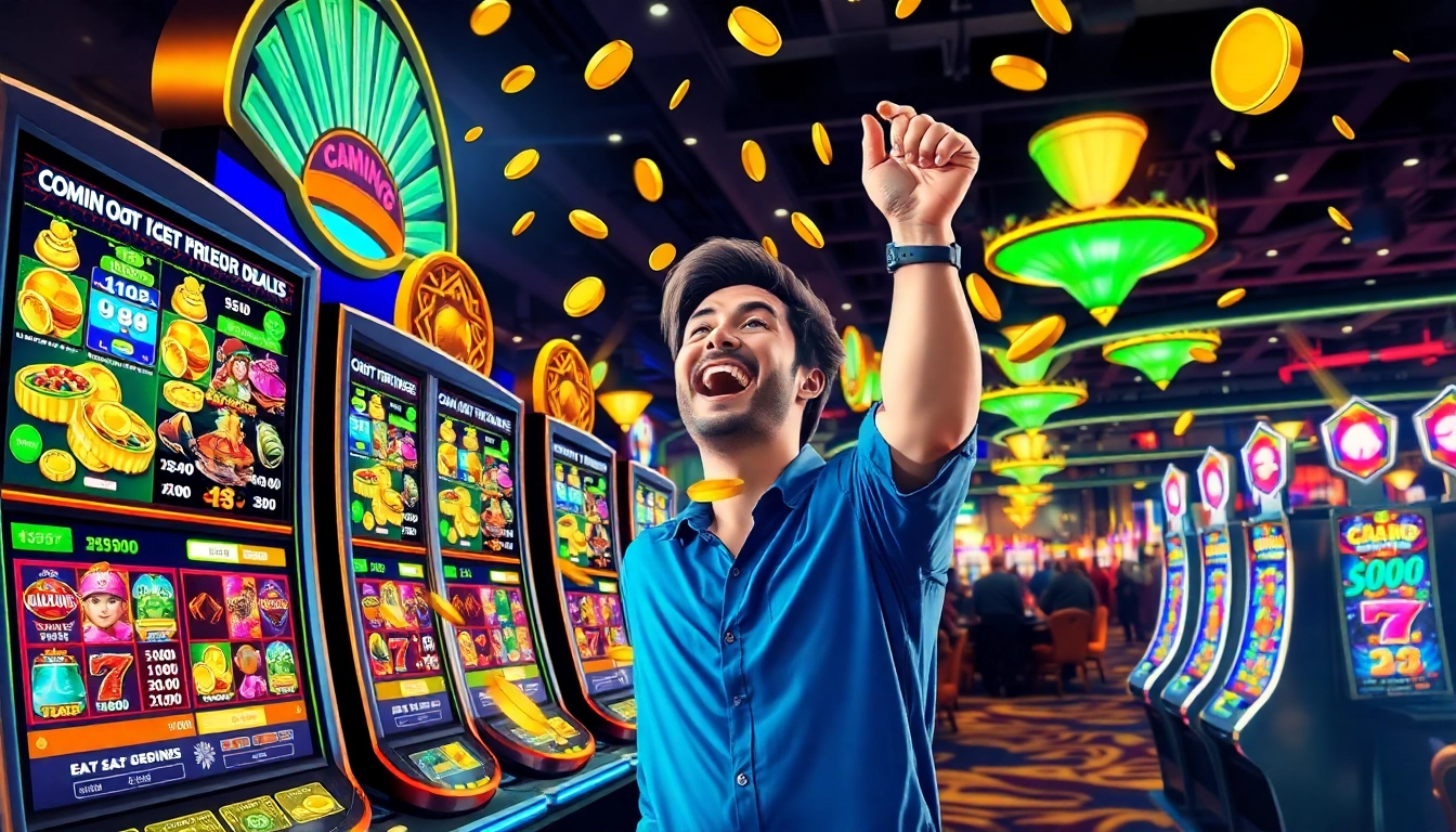 Menggembirakan pemain yang merayakan kemenangan pada qqmacan slot dengan latar belakang kasino yang cerah.